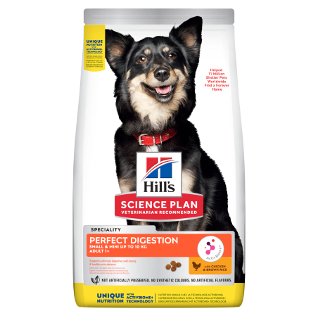 Hill's Science Plan Perfect Digestion Small&Mini Adult Dog 1+ с пилешко и кафяв ориз – Пълноценна суха храна за кучета от малки и мини породи (до 10кг) от 1 до 6г., с ActivBiome+ за отлично храносмилане и здравословен чревен микробиом
