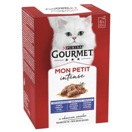 GOURMET MON PETIT Фини късчета в сос  - с пъстърва, сьомга и риба тон (6x50 гр)
