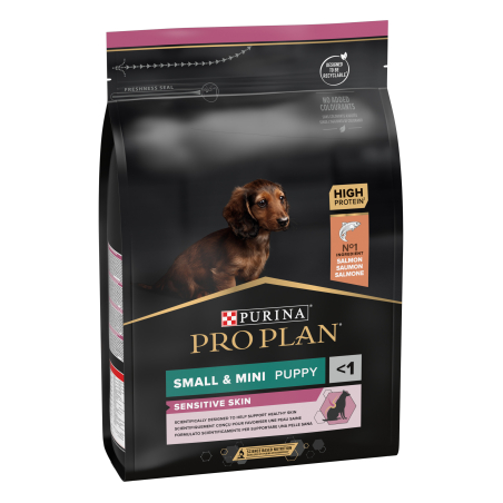 PURINA® PRO PLAN® Dog Small&Mini Puppy Sensitive Skin за малки кученца от малки и дребни породи с чувствителна кожа, суха храна, с високо съдържание на сьомга