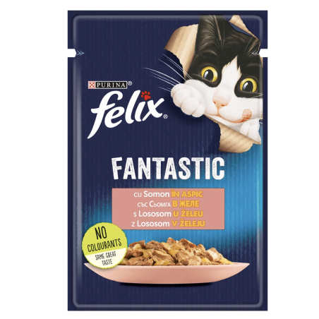 PURINA® FELIX® Fantastic за котки в зряла възраст, със Сьомга в желе, Мокра храна, Пауч, 85 гр