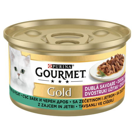 PURINA® GOURMET® Gold Котки в зряла възраст, Двойно удоволствие, Заек и Дроб, Мокра храна, Консерва, 85 гр