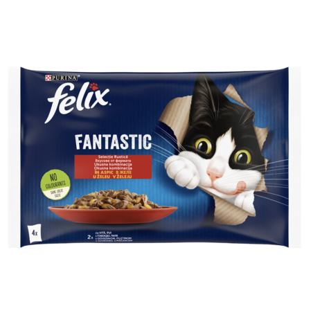 PURINA® FELIX® Fantastic за котки в зряла възраст, Вкусове от фермата в желе, Телешко и Пиле, Пауч, Мултиопаковка 4х85 гр
