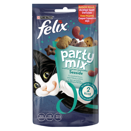 PURINA® FELIX® PARTY MIX Ocean Mix допълваща храна – лакомство с аромат на сьомга, полок и пъстърва, 60 гр