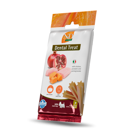 N&D Pumpkin Dental Care Treat Chicken and Pomegranate Mini – Дентални стикове за кучета от дребни породи с пиле, тиква и нар