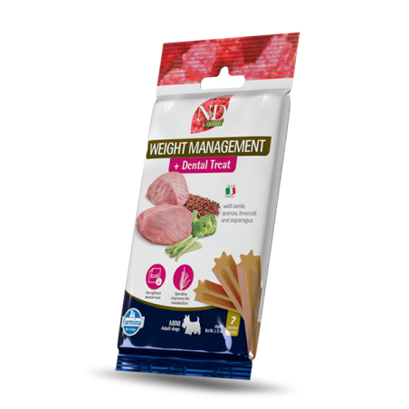 N&D Quinoa Weight Management Dental Care Treat With Lamb, Broccoli and Asparagus Mini – Дентални стикове за кучета от дребни породи с агнешко, киноа, броколи и аспержи
