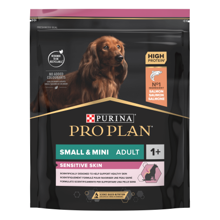 PURINA® PRO PLAN® Dog Small & Mini Adult SENSITIVE SKIN за кучета  в зряла възраст от дребни и мини породи с чувствителна кожа, суха храна, с високо съдържание на сьомга