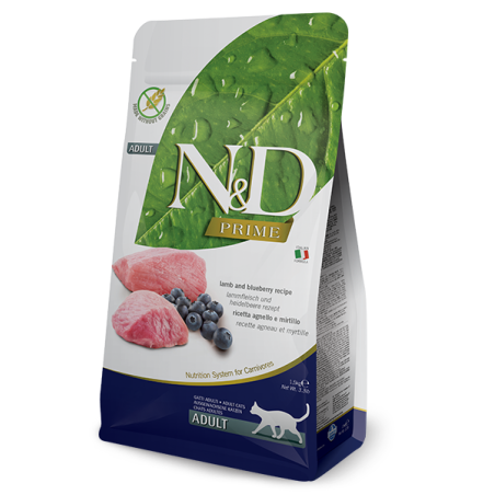 N&D Prime Cat Adult Lamb & Blueberry – суха храна без зърнени култури за котки над 1 година, с агнешко и боровинки