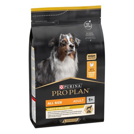 PURINA® PRO PLAN® Dog All size Adult Light Sterilised за кучета в зряла възраст с наднормено тегло или кастрирани от всички породи, суха храна, с високо съдържание на пиле