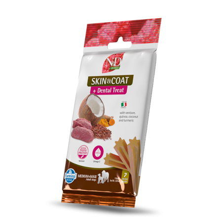 N&D Quinoa Skin & Coat  Dental Care Treat With Venison, Coconut and Turmeric Medium&Maxi – Дентални стикове за кучета от средни и едри породи с еленско, киноа, кокос и куркума