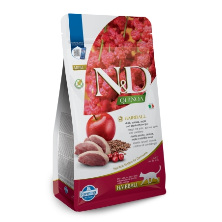 N&D Quinoa Hairball with Duck & Cranberry , Cat Adult – суха храна без зърнени култури против космени топки, за котки над 1 година, с патешко, киноа, ябълка и червени боровинки