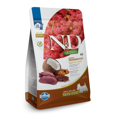 N&D Quinoa Skin & Coat with Venison for adult MINI dog – суха храна без зърнени култури за здрава кожа и козина, за кучета над 1 година от дребни породи, с еленско, киноа, кокос и куркума
