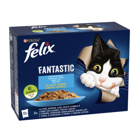 PURINA® FELIX® Fantastic за котки в зряла възраст, Асортимент с риба, Мокра храна, Пауч, Мултиопаковка 12х85 гр