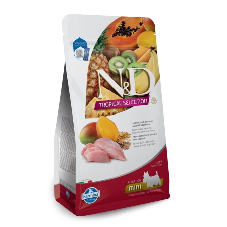 N&D Tropical Selection Dog Adult MINI Chicken and Tropical fruits – суха храна за кучета над 1 година от дребни породи, с пилешко, спелта, овес и тропически плодове