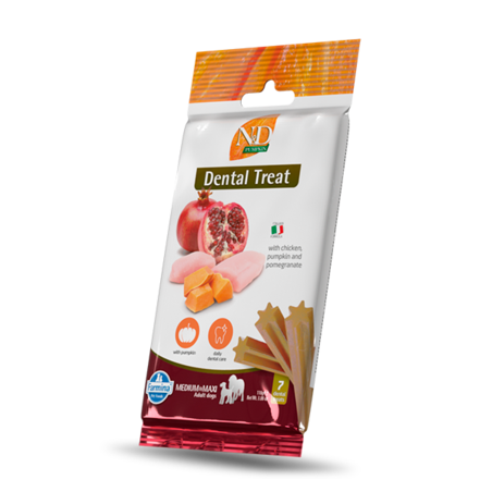 N&D Pumpkin Dental Care Treat Chicken and Pomegranate Medium&Maxi – Дентални стикове за кучета от средни и едри породи с пиле, тиква и нар
