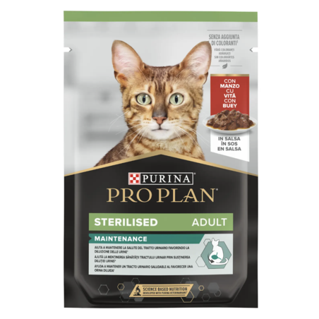 PURINA® PRO PLAN® STERILISED, за кастрирани котки в зряла възраст, с говеждо, пауч, 85 гр