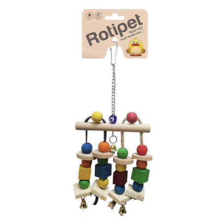 Играчка за едър папагал – дървени елементи с камбанки, 32 × 12 × 5 см