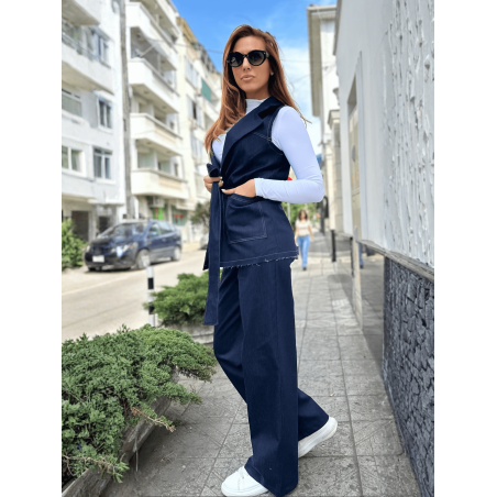 Деним сет с широк панталон и елек