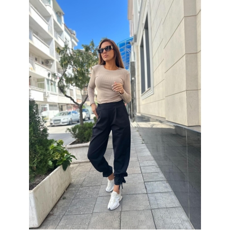 Стилен панталон с панделки на крачолите – Черен