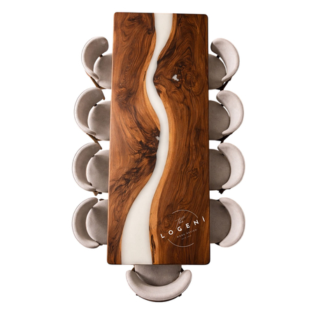 Епоксидна трапезна маса от масивен орех – млечно бял речен ефект