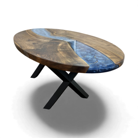 Елипсовидна дървена маса с епоксидна смола и син пигмент – ръчна изработка LogeniWood