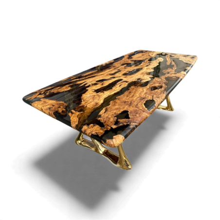 Дизайнерска епоксидна маса от маслиново дърво със златна основа