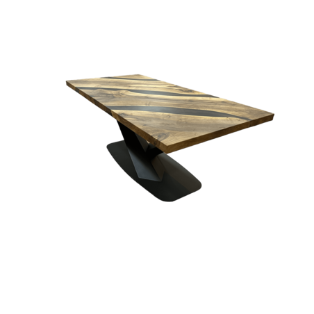 Маса от естествено дърво с черна епоксидна смола – Модерен дизайн, X-основа