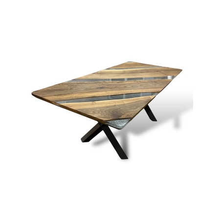 Ръчно изработена маса от масивно дърво с фюме-сребрист морски ефект и прозрачен епоксиден слой