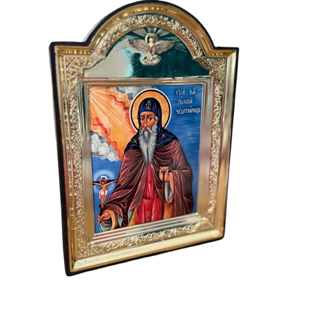 Икона на Свети Йоан Рилски Чудотворец – аркова форма със златиста рамка