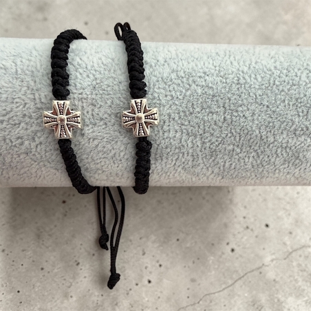Двулицева православна гривна с кръст и Богородица – черен шнур