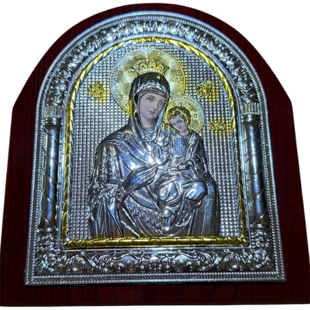 Посребрена икона на Света Богородица с Младенеца в дървена рамка