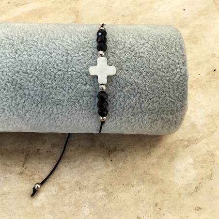 Православна гривна със седефен кръст – черни мъниста