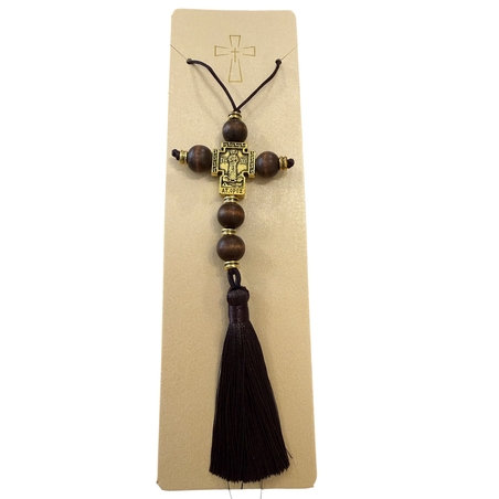 Православен кръст за окачване с дървени мъниста и пискюл