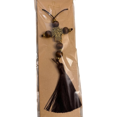 Православен кръст за автомобил с дървени мъниста и пискюл