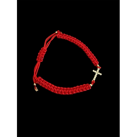 Позлатена гривна с кръст – дебела плетка, червен конец