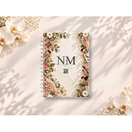Корица на NMhandmade седмичен график 1 за гримьори, колекция MEADOW 2027, със спирално подвързване, представена върху светъл фон с декоративни цветя.