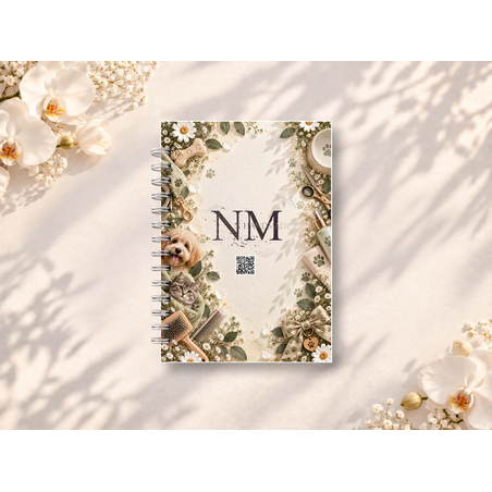 Корица на NMhandmade седмичен график 1 за груминг, колекция MEADOW 2027, със спирално подвързване, представена върху светъл фон с декоративни цветя.
