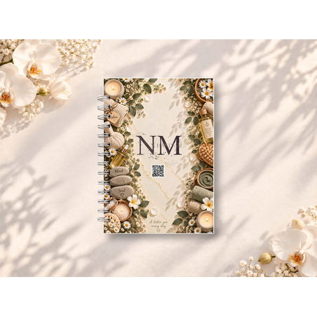 Корица на NMhandmade седмичен график 1 за SPA и масажи, колекция MEADOW 2027, със спирално подвързване, представена върху светъл фон с декоративни цветя.