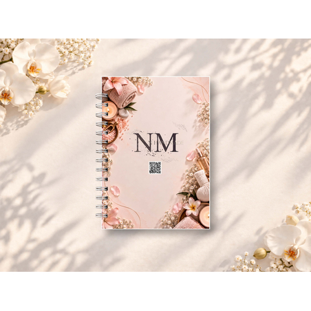 Корица на NMhandmade седмичен график 1 за SPA и масажи, колекция BLUSH 2027, със спирално подвързване, представена върху светъл фон с декоративни цветя.