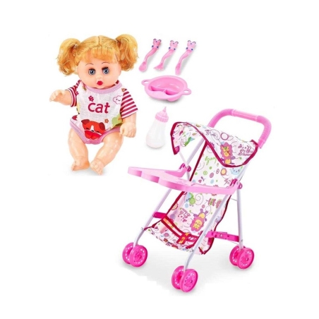 Set - Papusa cu carucior si accesorii de hranire - 6632F-1C - 307138