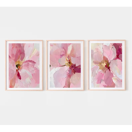 Set 3 tablouri, Ramă Bej, stil abstract cu detalii florale, 30x40 cm