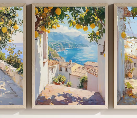 Set 3 tablouri, Ramă Bej,  Model cu peisaj coasta Amalfi şi lămâi, 30x40 cm