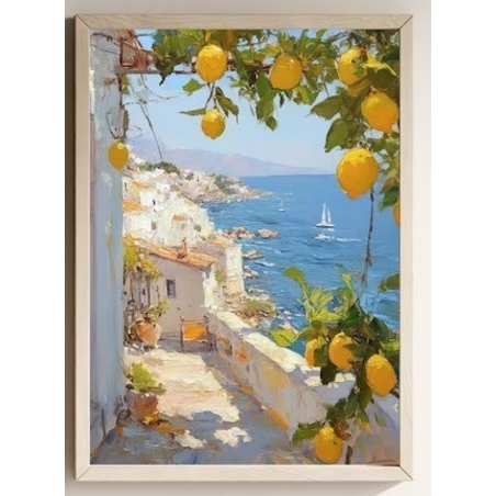 Tablou, Ramă Bej, Model cu peisaj coasta Amalfi şi lămâi, 30x40 cm