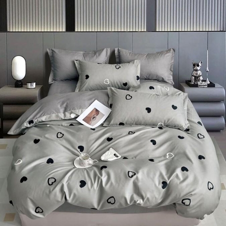 Lenjerie pat dublu, 2 persoane, cearceaf cu elastic, fineţ, 6 piese, gri cu inimioare