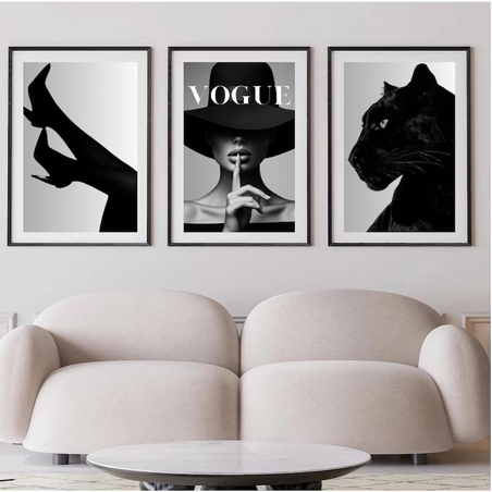 Set 3 tablouri, ramă neagră model Vogue, stil minimalist, 30x40 cm