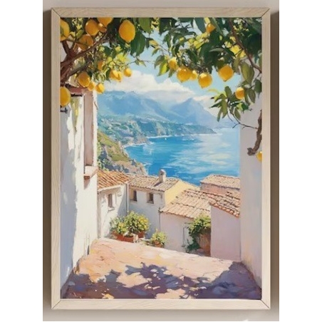 Tablou, Ramă Bej, Model cu vedere la mare, munţi si lămâi, 30x40 cm