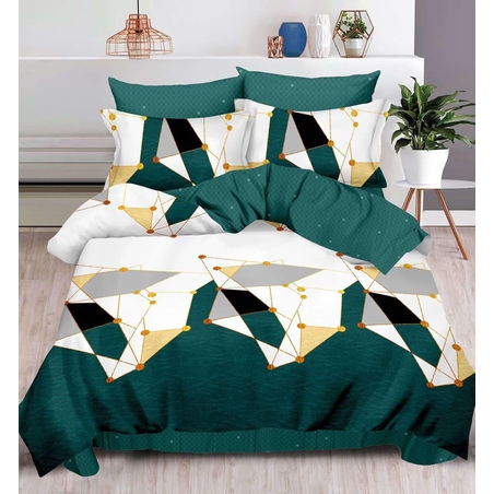 Lenjerie pat dublu, 2 persoane, cearceaf cu elastic, fineţ, 6 piese, alb-verde