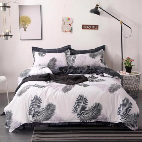 Lenjerie pat, Pucioasa, 4 piese, cearceaf simplu, Fineţ, gri şi alb, model cu pene, 200x230