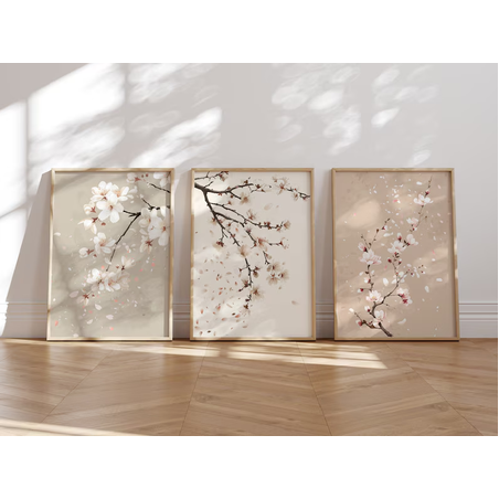 Set 3 tablouri, Ramă Bej, stil japonez, 30x40 cm