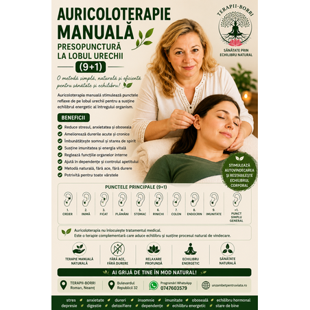 🌿 AURICOLOTERAPIE MANUALĂ – PRESOPUNCTURĂ LA LOBUL URECHII (9+1) 🌿