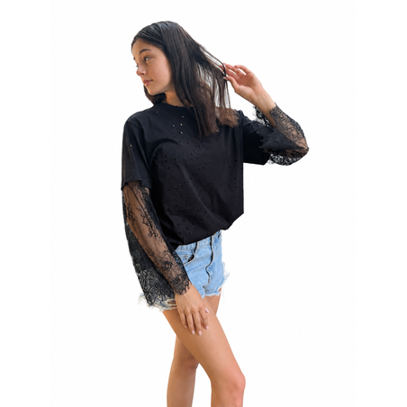 Tricou cu mâneci din dantelă chantilly